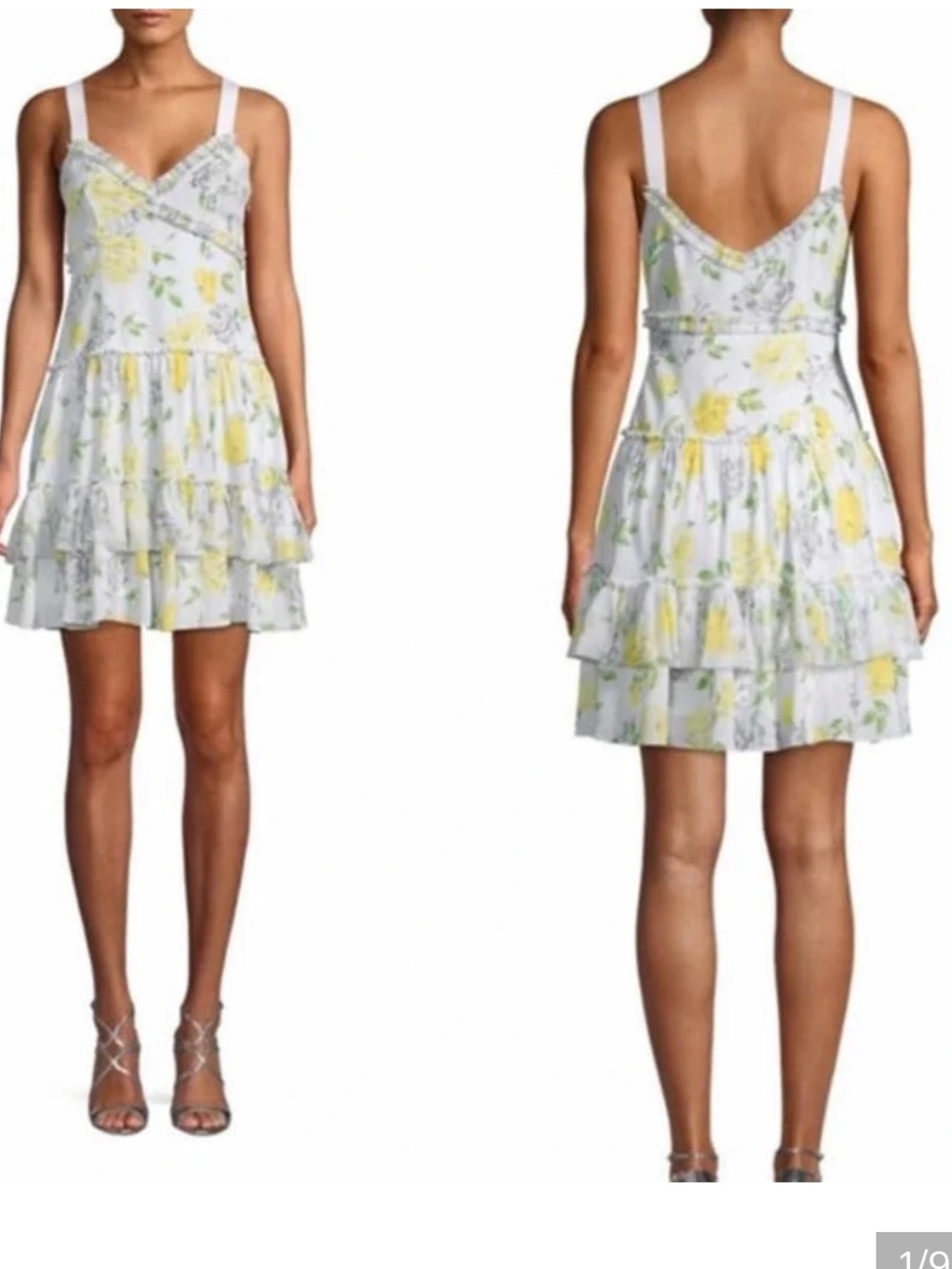 cinq a sept White Floral Tiered Spaghetti-Strap Mini Dress with Yellow Accents